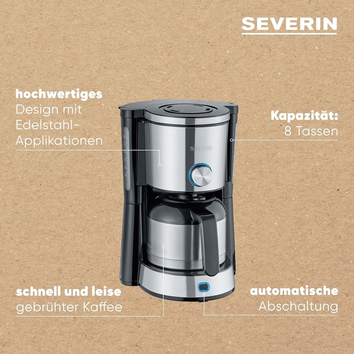 Ekspres SEVERIN „TypeSwitch” z karafką termiczną, AromaSwitch do wyboru pomiędzy 2 profilami parzenia, ekspres do kawy na 10 filiżanek, 1000W, stal nierdzewna szczotkowana-czarna, KA 4845
