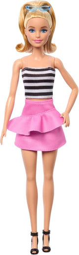 Lalka Barbie Fashionistas nr. 213 Blondynka w pasiastym topie Różowa spódnica i okulary przeciwsłoneczne 65. urodziny Kolekcjonerska lalka mody HRH11 Naty Shop Dolls