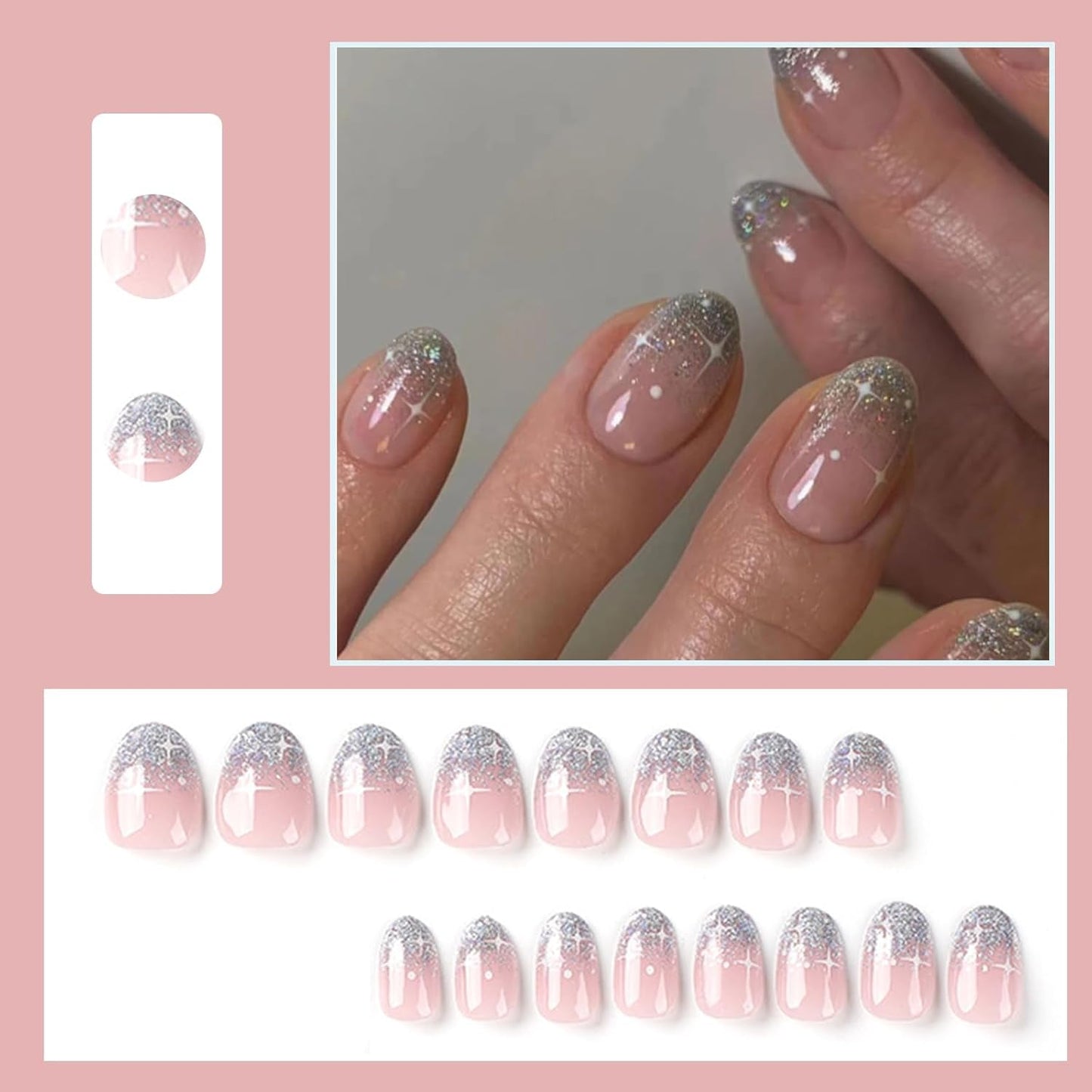 24 szt. French Press On Nails Krótkie błyszczące srebrne wzornictwo Owalne sztuczne paznokcie Klej na akrylowych błyszczących paznokciach Fałszywe paznokcie dla kobiet dziewczyn