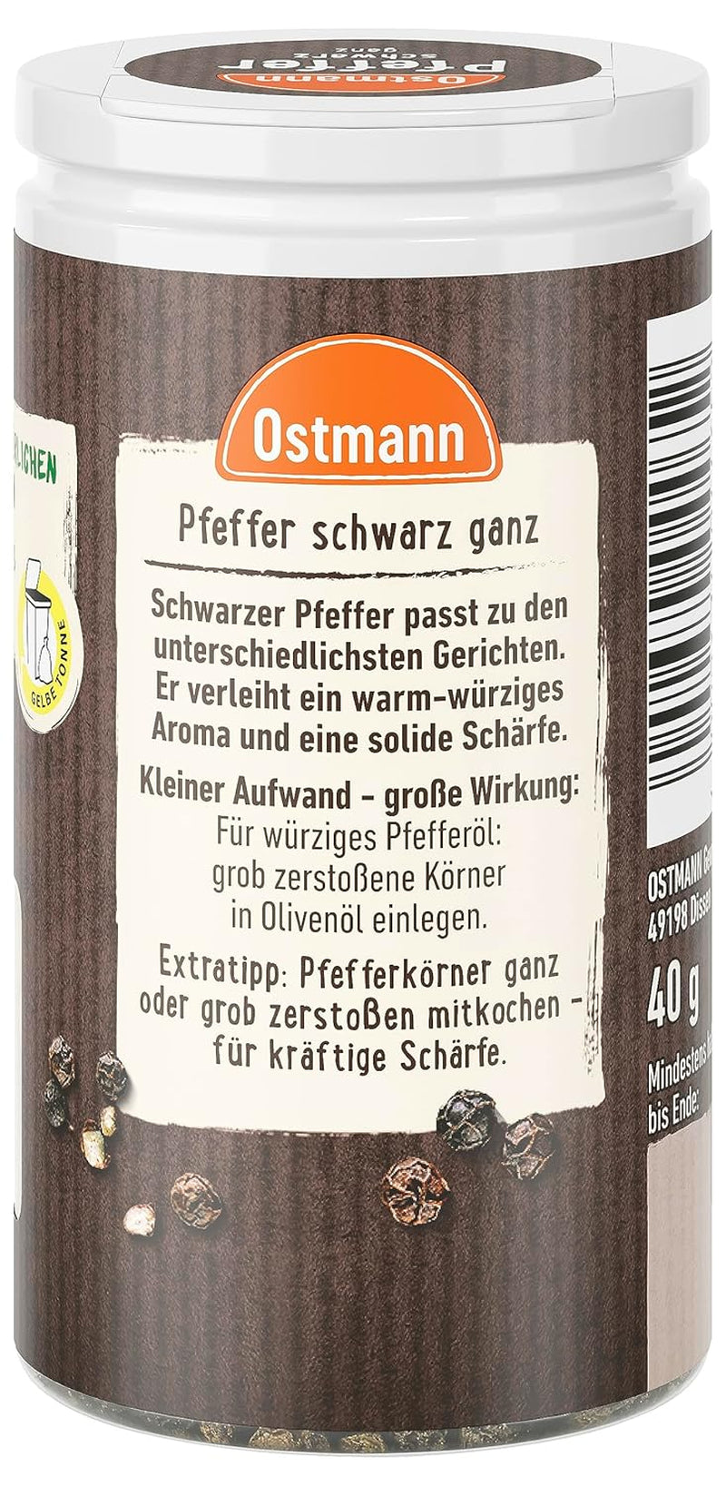 Ostmann Gewürze - Pfeffer schwarz ganz | 40 g w Der Streudose