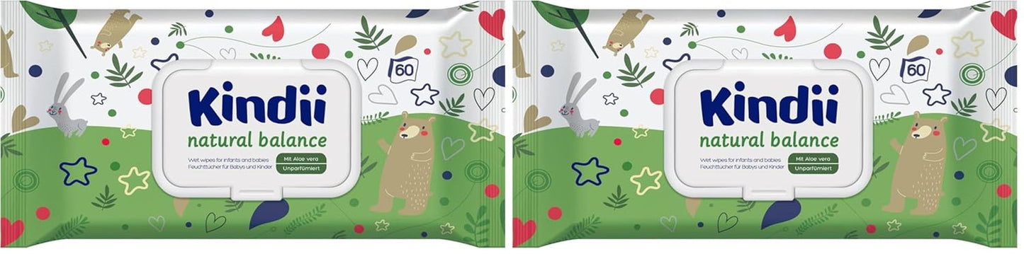 Kindii Natural Balance chusteczki nawilżane dla niemowląt – (1 x 60 szt.) Chusteczki nawilżane dla niemowląt i dzieci – Ochronne, Aloe Vera, Delikatny zapach – 60 szt.