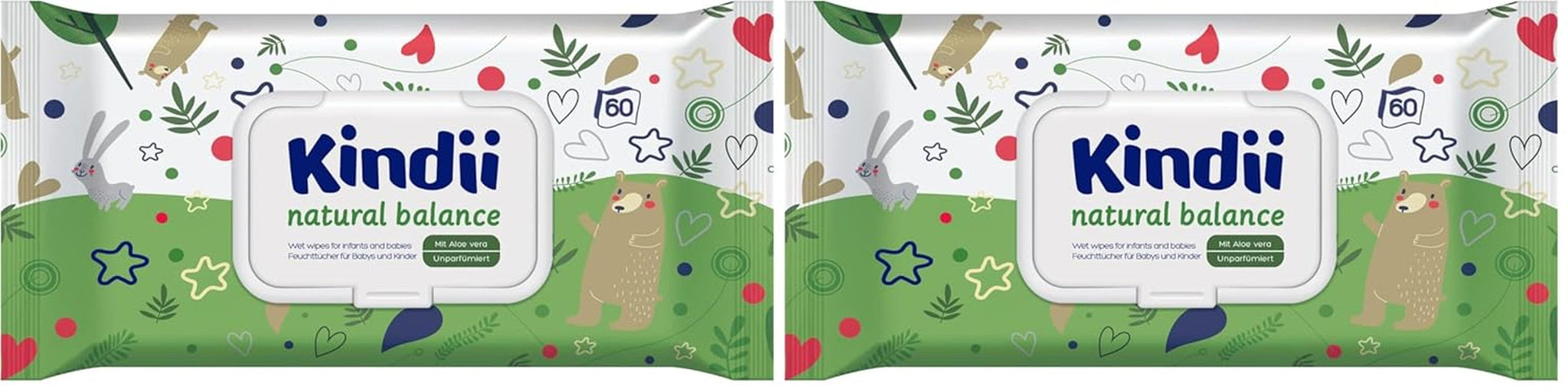 Kindii Natural Balance chusteczki nawilżane dla niemowląt – (1 x 60 szt.) Chusteczki nawilżane dla niemowląt i dzieci – Ochronne, Aloe Vera, Delikatny zapach – 60 szt.