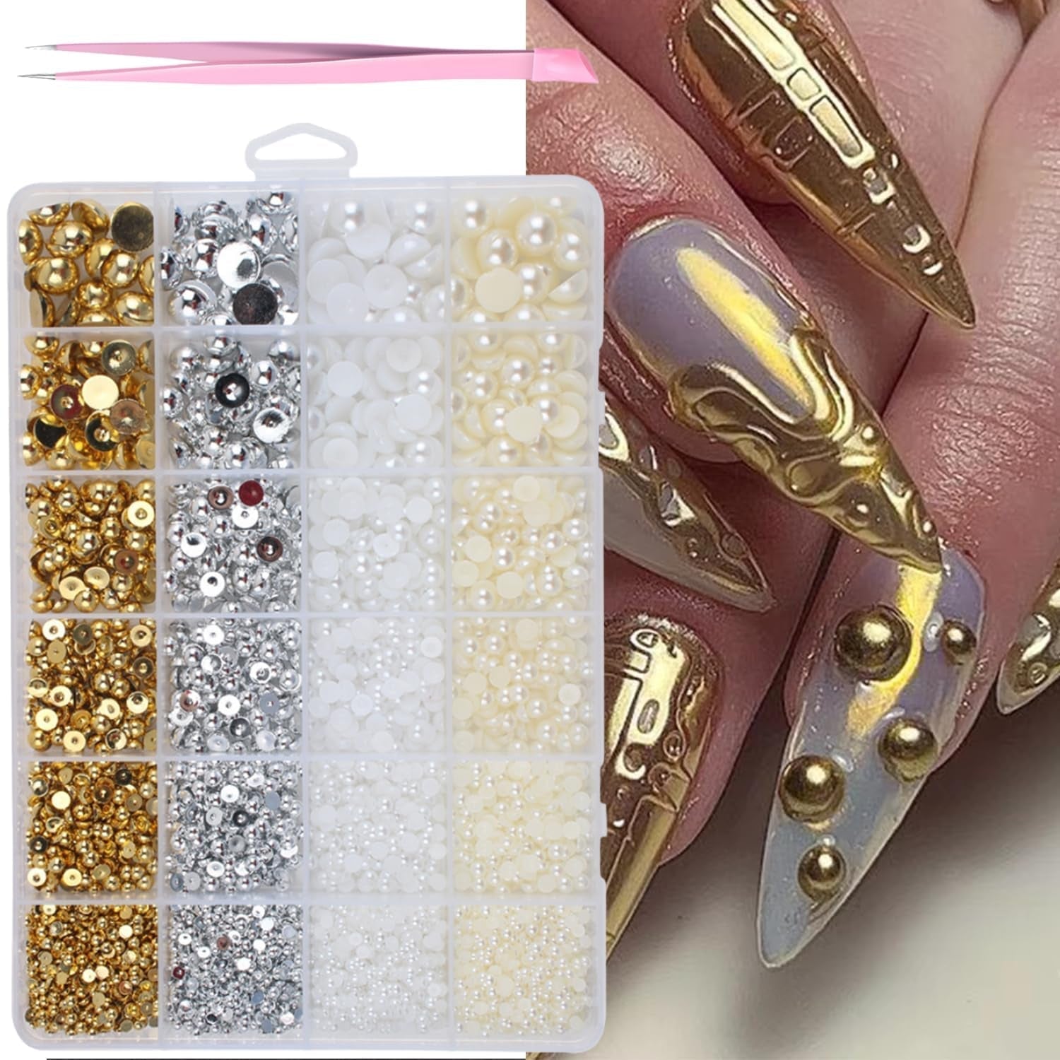 GZMAYUEN 920 szt. Złoto srebro Flatback Perlen Für Nägel, Halbrunde Weiße Beige Nail Perlen, Kleine Halbrunde Flatback Perlen Für DIY Nail Art Decor