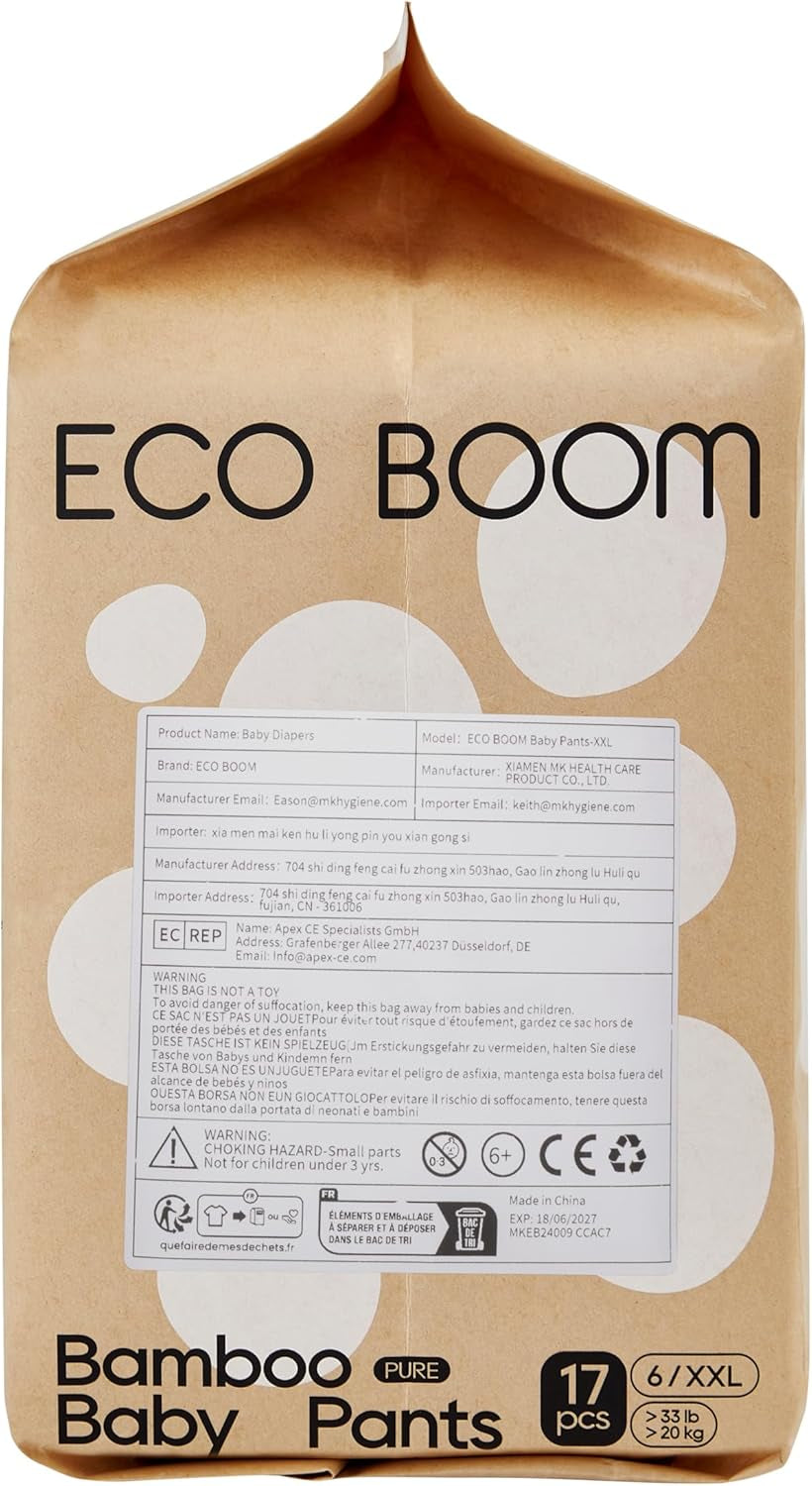 ECO BOOM Bambusowe pieluchy dla niemowląt - Rozmiar 6 (20kg), Roślinne pieluszki typu pull-up (17szt) - Premium Organic, Bezzapachowe, Przyjazne dla skóry, Super chłonne