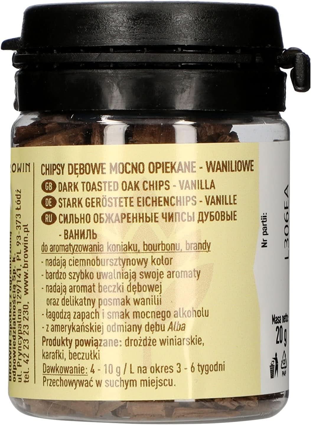 Browin Strong Palone chipsy dębowe 20g - płatki, drobne laski dębowe do aromatyzowania alkoholu, brązowe Smaki Naty Shop 20 gramów Wanilia
