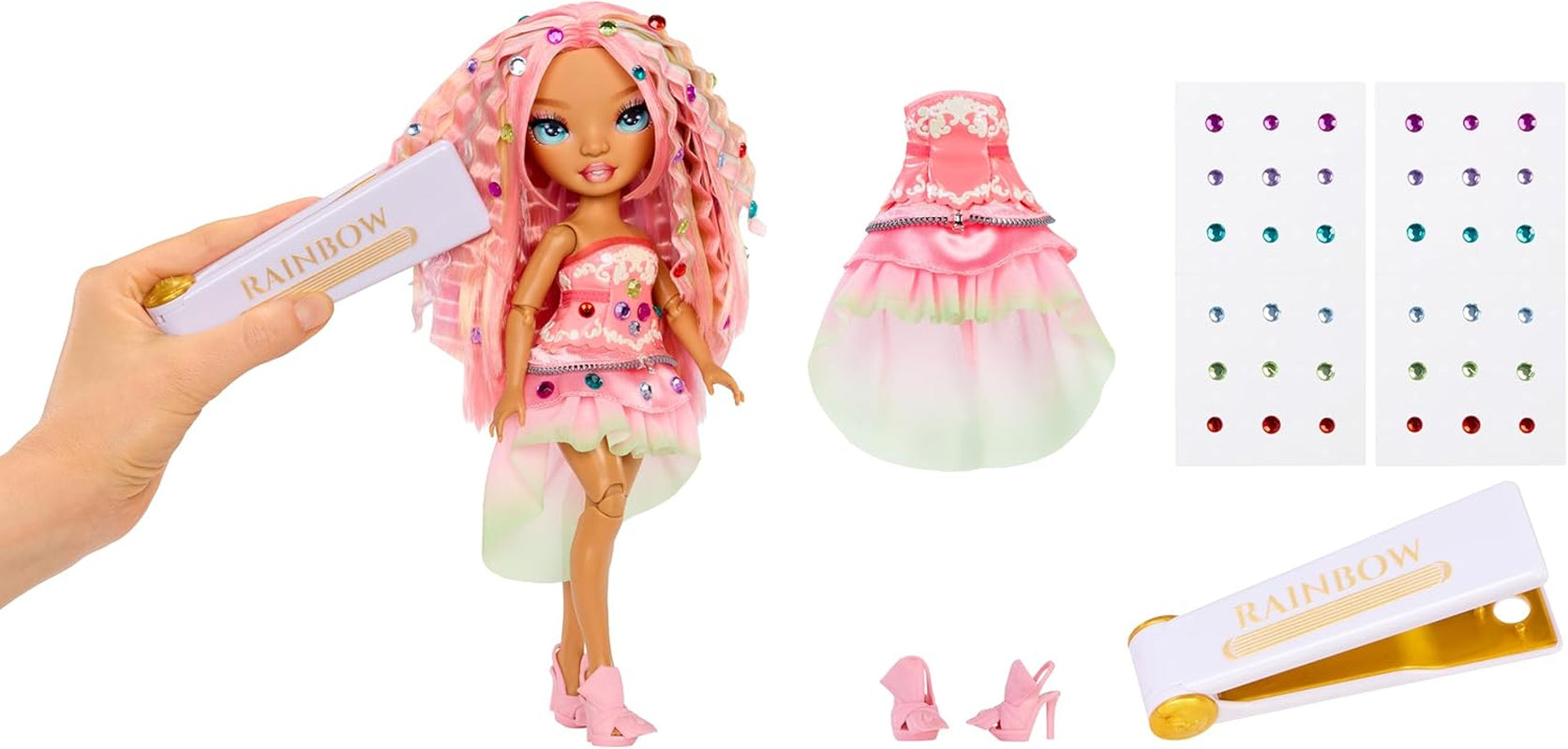 Rainbow High Be Dazzling - Adeline Rose - 28 cm różowa lalka modowa z narzędziem do dekoracji, błyszczącymi kamieniami szlachetnymi i akcesoriami do stylizacji