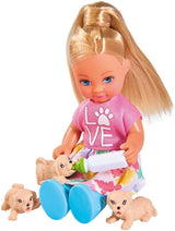 Simba 105733072 - Evi Love Opiekunka do psa z psem i trzema szczeniętami, akcesoria, lalka modowa, 12cm, dla dzieci w wieku 3+