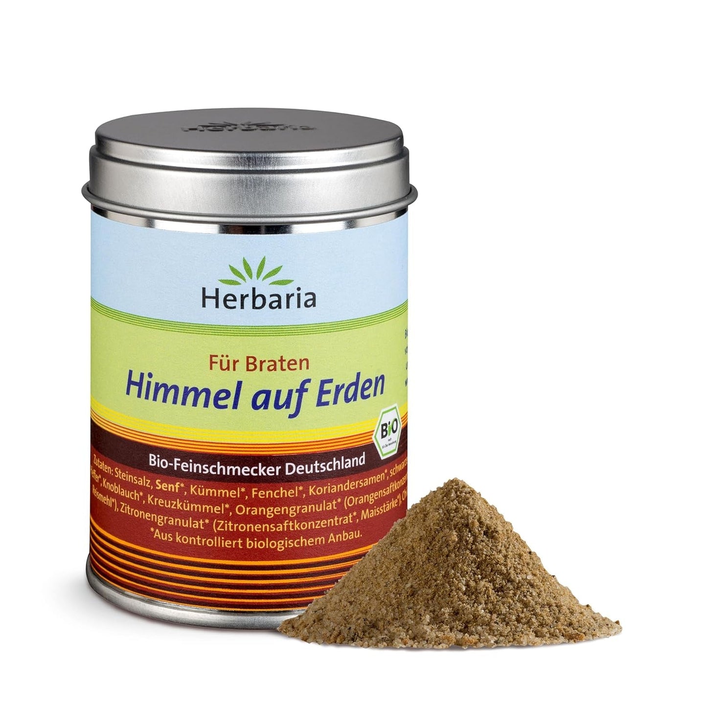Herbaria Himmel auf Erden bio 100g M-Dose – fertiges Bio-Gewürzsalz für Rind-, Kalb- und Schweinefleisch als Braten oder Kurzgebratenes – w nachhaltiger Aromaschutz-Dose