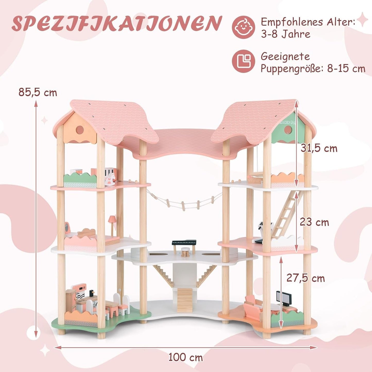 Drewniany domek dla lalek FANTASK, wysokość 85 cm, 7-pokojowy domek dla lalek z 32 meblami i akcesoriami, domek dla lalek z drabinką linową, domek dla lalek prezent dla 3-letnich dziewczynek (model 3) Naty Shop Dollhouses