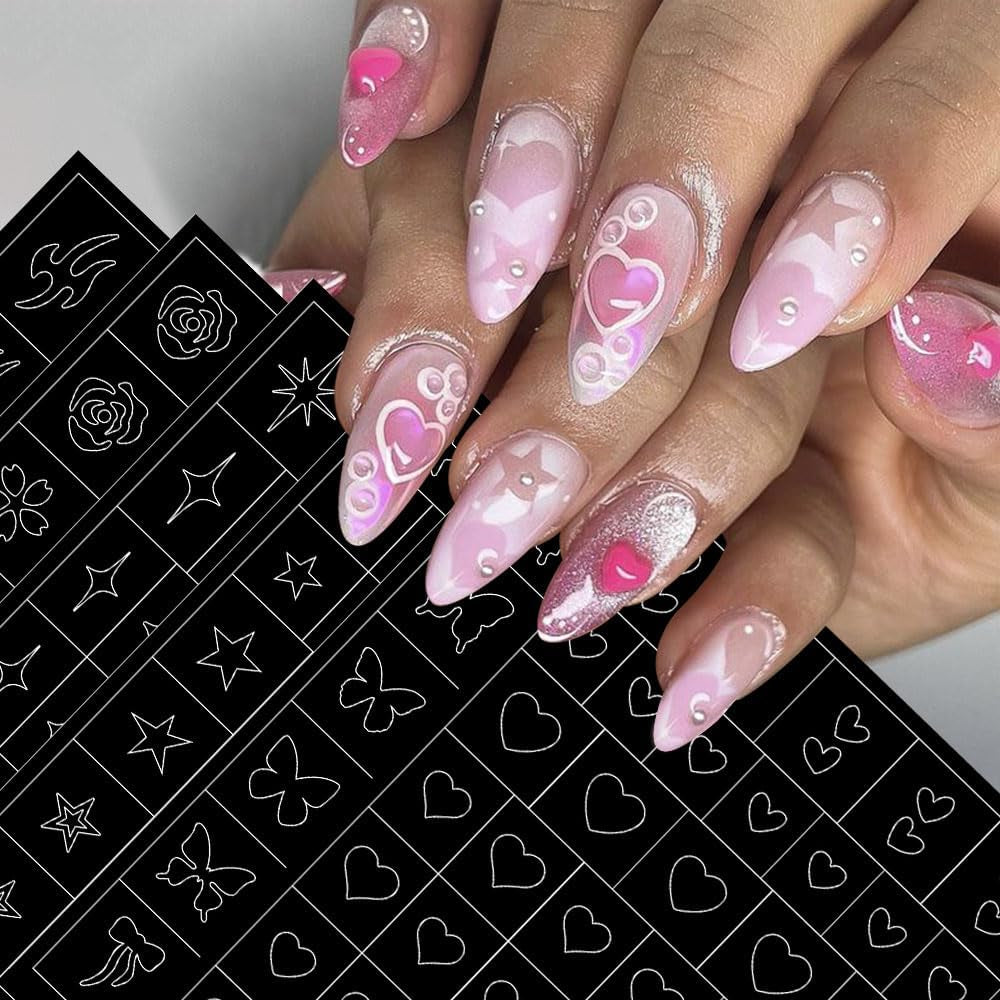 6 arkuszy Szablon aerografu Naklejki na paznokcie, Motyl Płomień Gwiazdy Serce Gwiazdy Naklejki na paznokcie Szablon do drukowania Narzędzie Nail Art Samoprzylepne naklejki dla kobiet Naklejki do zdobienia paznokci