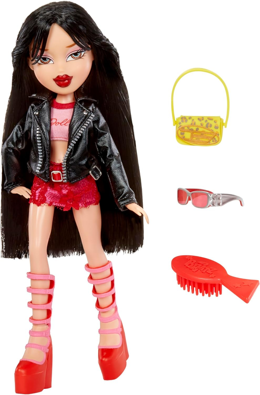Bratz wychodzi! - Jade - 1 lalka kolekcjonerska z akcesoriami, strojem, torbą, okularami przeciwsłonecznymi i pędzelkiem - Zabawka dla dzieci - wiek powyżej 6 lat, kolor czerwony