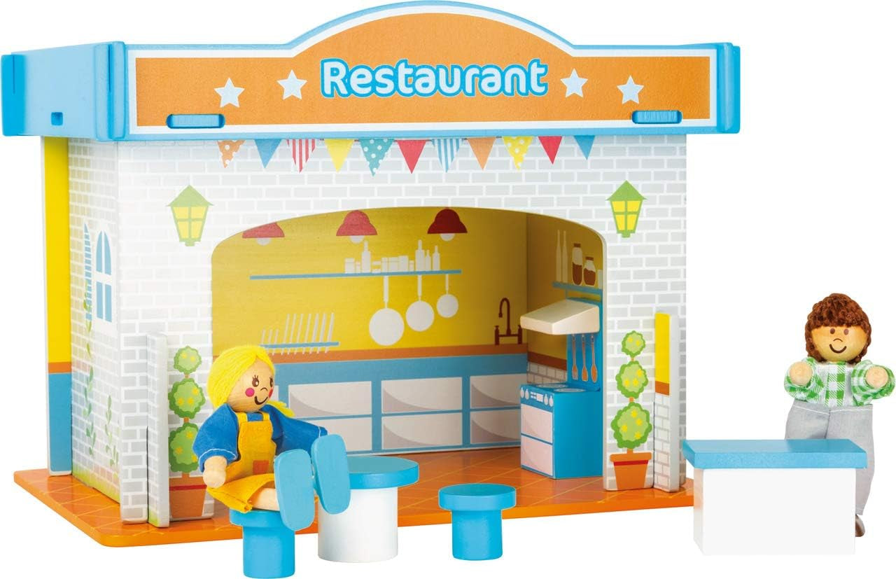 Small Foot 10852 Playhouse Restaurant Wykonane z drewna, z 2 figurkami lalek, akcesoriami i zdejmowanym dachem, od 3 lat Domki dla lalek Naty Shop