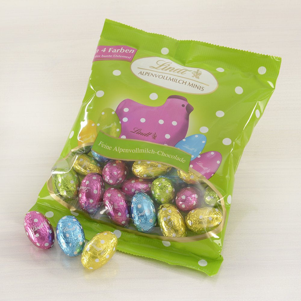 Mali Wielkanocni Przyjaciele z Czekoladą | 2 x 100 g i dekoracja czekoladowa Mini jajka z mlekiem alpejskim | 2 x saszetki 180 g | Jajka premium z mlecznej czekolady, radośnie i kolorowo opakowane, w czterech kolorach na Wielkanoc