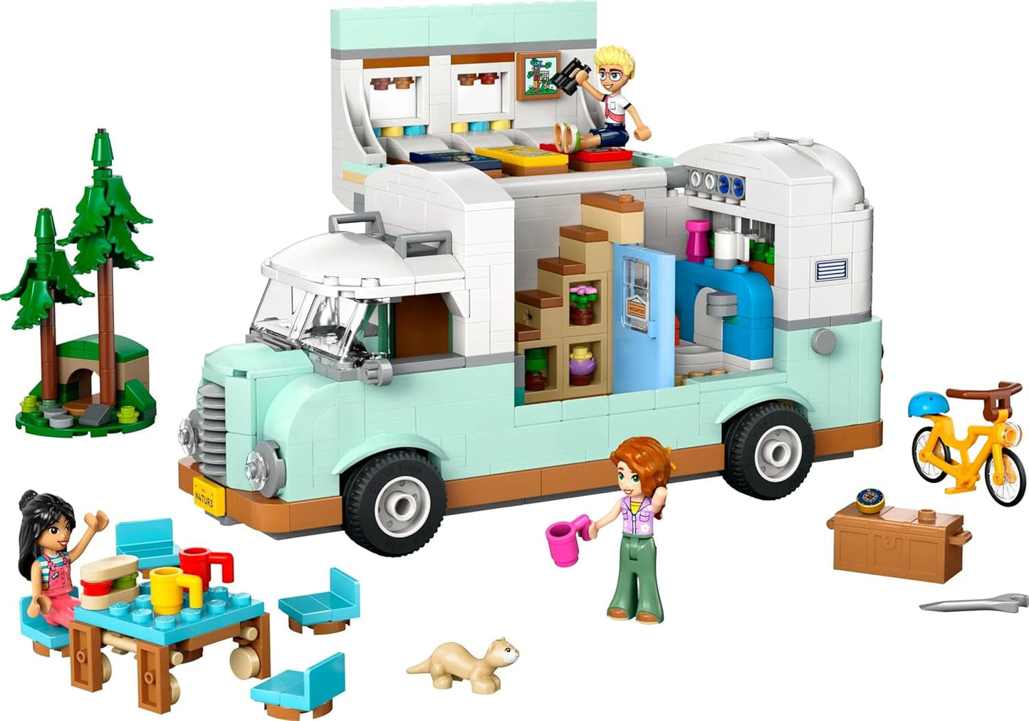 LEGO Friends Przyczepa kempingowa, zestaw do budowania do odgrywania ról z przyczepą kempingową, prezent dla dziewczynek w wieku od 7 lat, kreatywny zestaw z 3 minifigurkami i figurką zwierzątka fretki 42663 Zestawy do budowania Besuche den LEGO-Store
