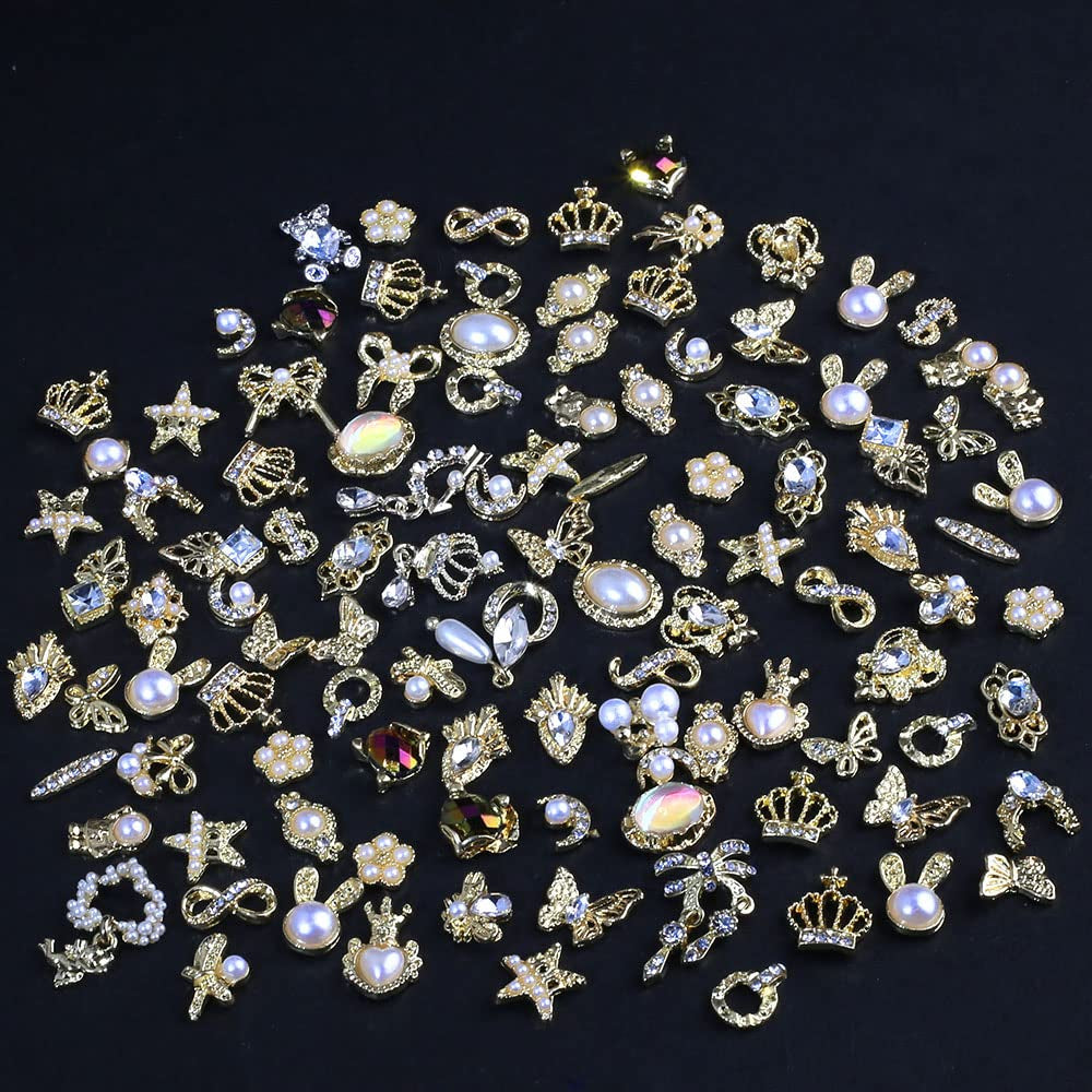 50 szt. złotych zawieszek do paznokci, mieszane style Glitzersteine ​​​​Nägel Perle Legierung Nagel Steine ​​Blume Schmetterling Strasssteine ​​Nägel Herz Stern Nagel Charms DIY Nail Art Zubehör Frauen Nägel Deko