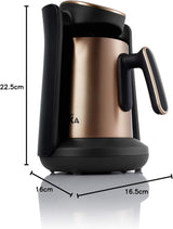 Arzum Okka Minio turecki ekspres do kawy, Moka, 1-4 filiżanek, garnek ze stali nierdzewnej 300 ml, zabezpieczenie przed rozlaniem, inteligentny system parzenia, zmywalny garnek, 480 W, miedź