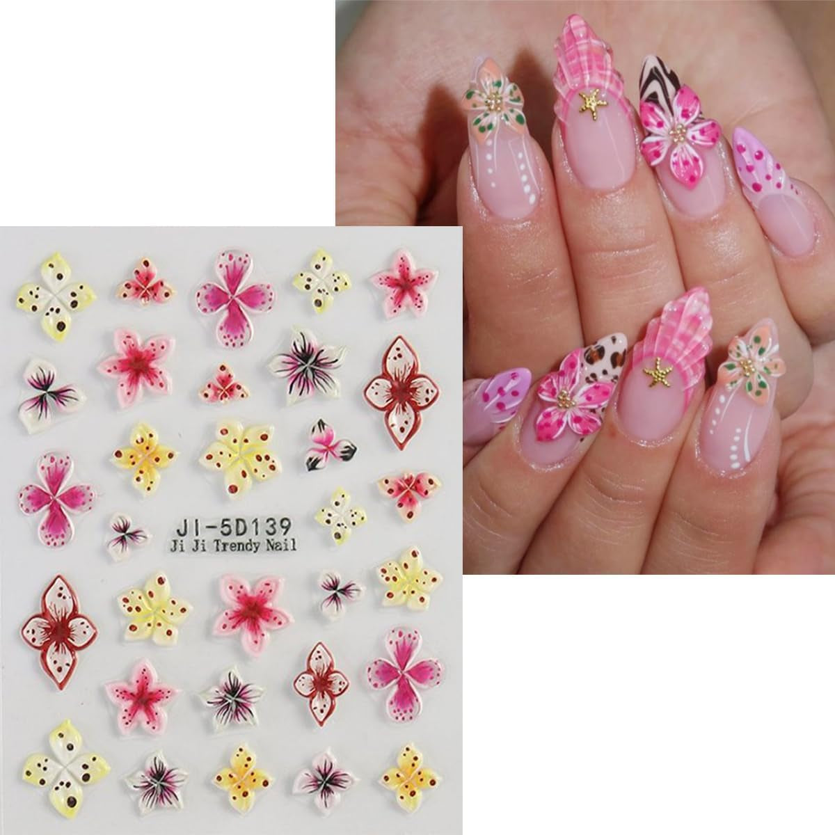 JMEOWIO 3D Nagelsticker Kolorowy kwiat Nail Art Naklejka Selbstklebend Nagelaufkleber 5D Stereoskopisch Wiosna Lato Kwiatowa dekoracja Nageldesign Zubehör 4 Blatt