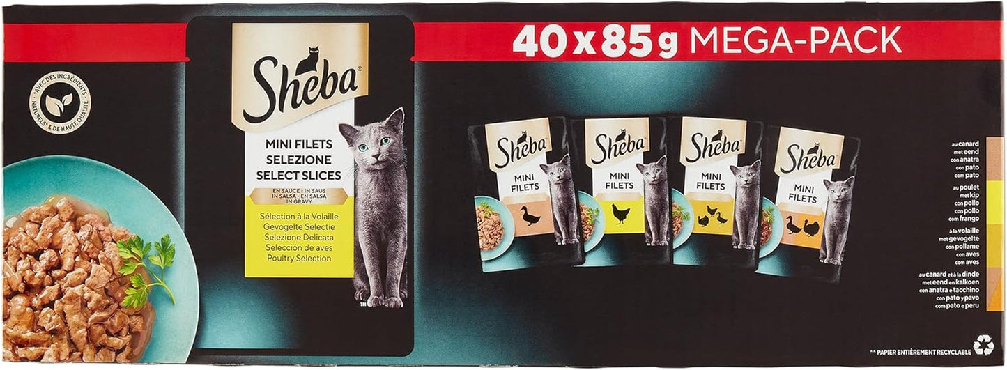 Sheba Mini Filets - Świeże Filety w Sosie, Wybór Drobiu dla Dorosłych Kotów - 40 x 85g
