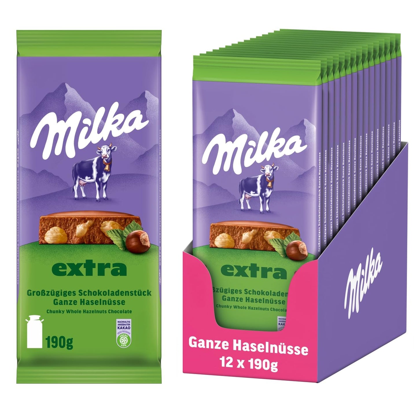 Całe orzechy laskowe z czekoladą Milka Extra - Alpejska czekolada mleczna z chrupiącymi całymi orzechami laskowymi - 12 x 190g