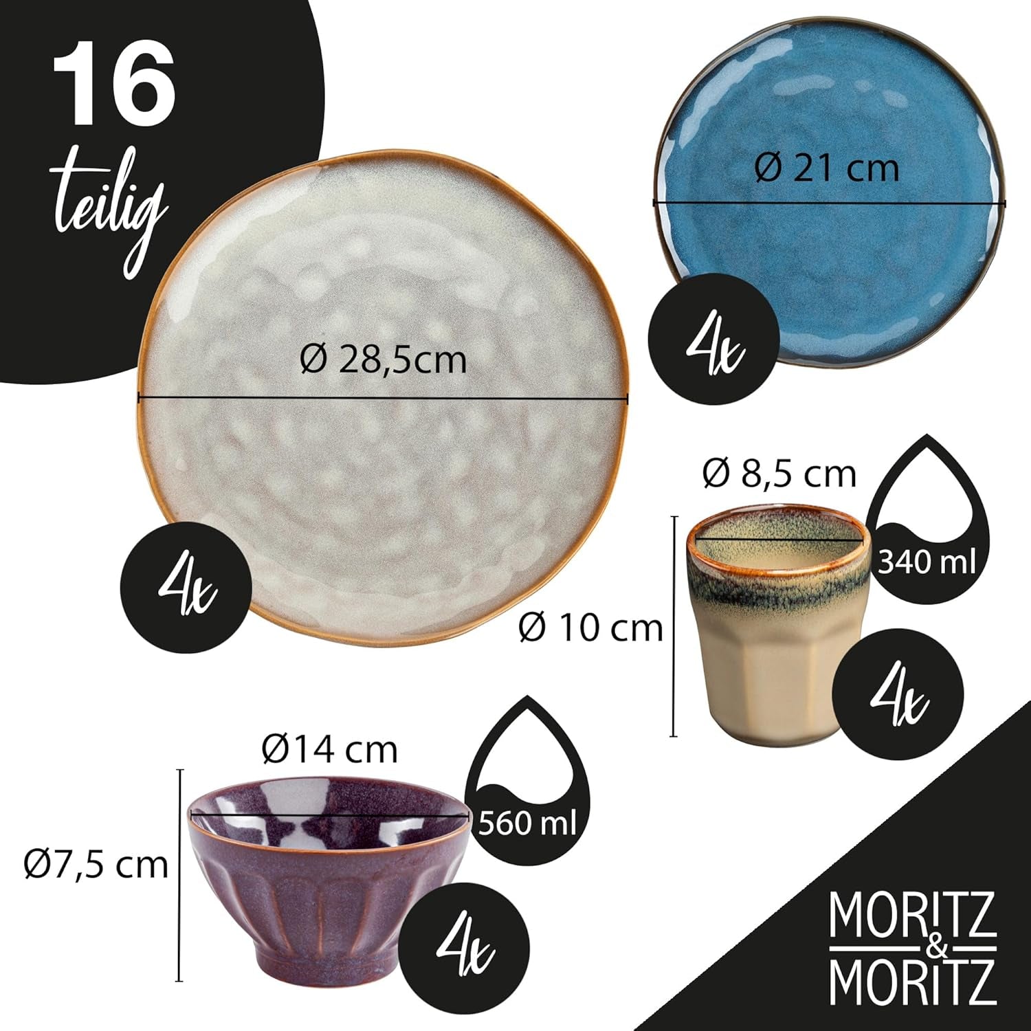 Moritz & Moritz COPA 16-tlg Geschirrset 4 Personen - Elegantes Teller Set aus hohrstandigem Steinzeug - Geschirr Set 4 Personen aus je 4x Obiadowy, Deserteller, Müslischale i Kaffeebecher