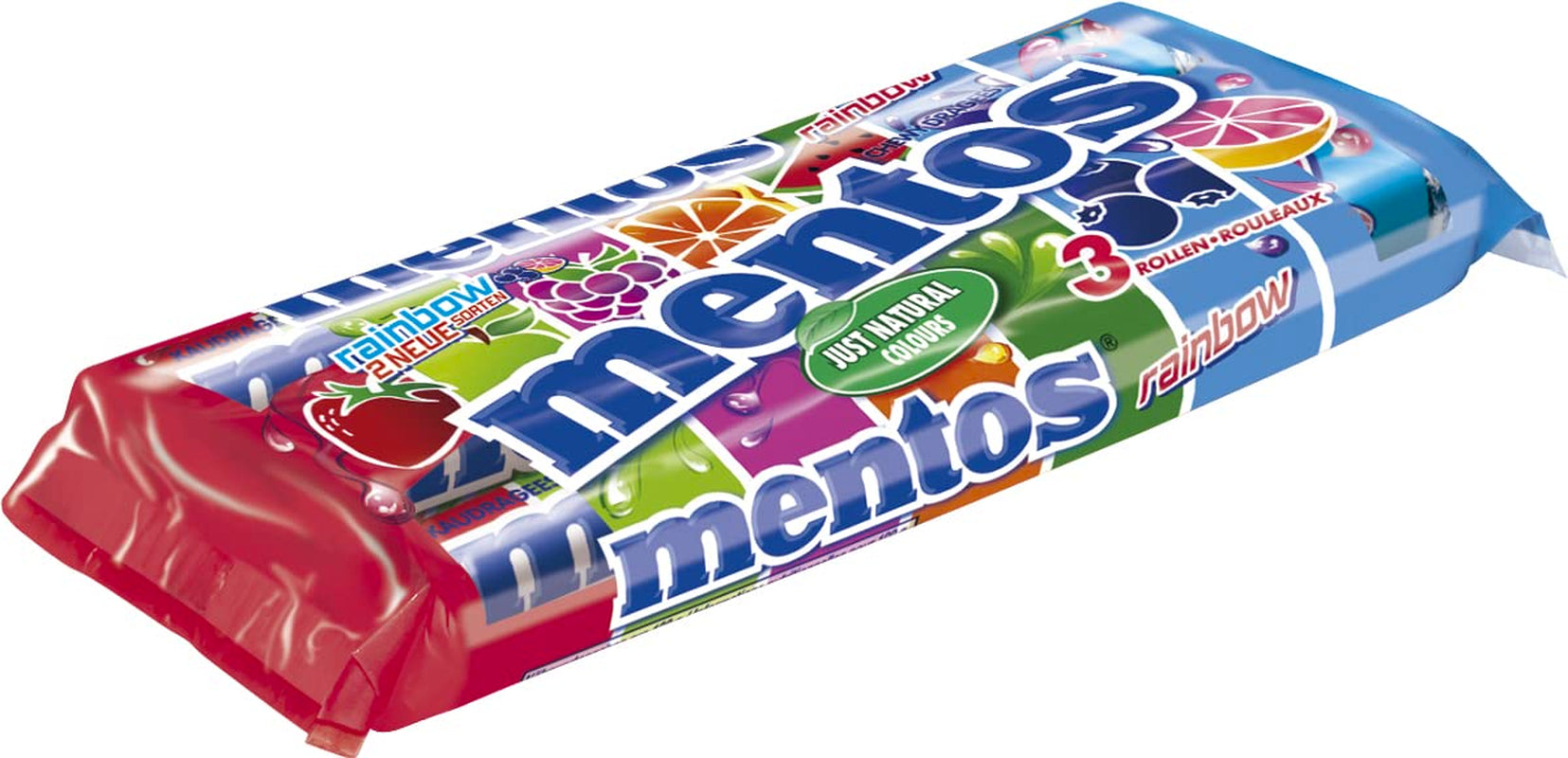 Mentos Drażeki owocowe Pomarańcza Cytryna Truskawka Cukierki do żucia o smaku owocowym (3 bułki), wegańskie (3 sztuki w zestawie)