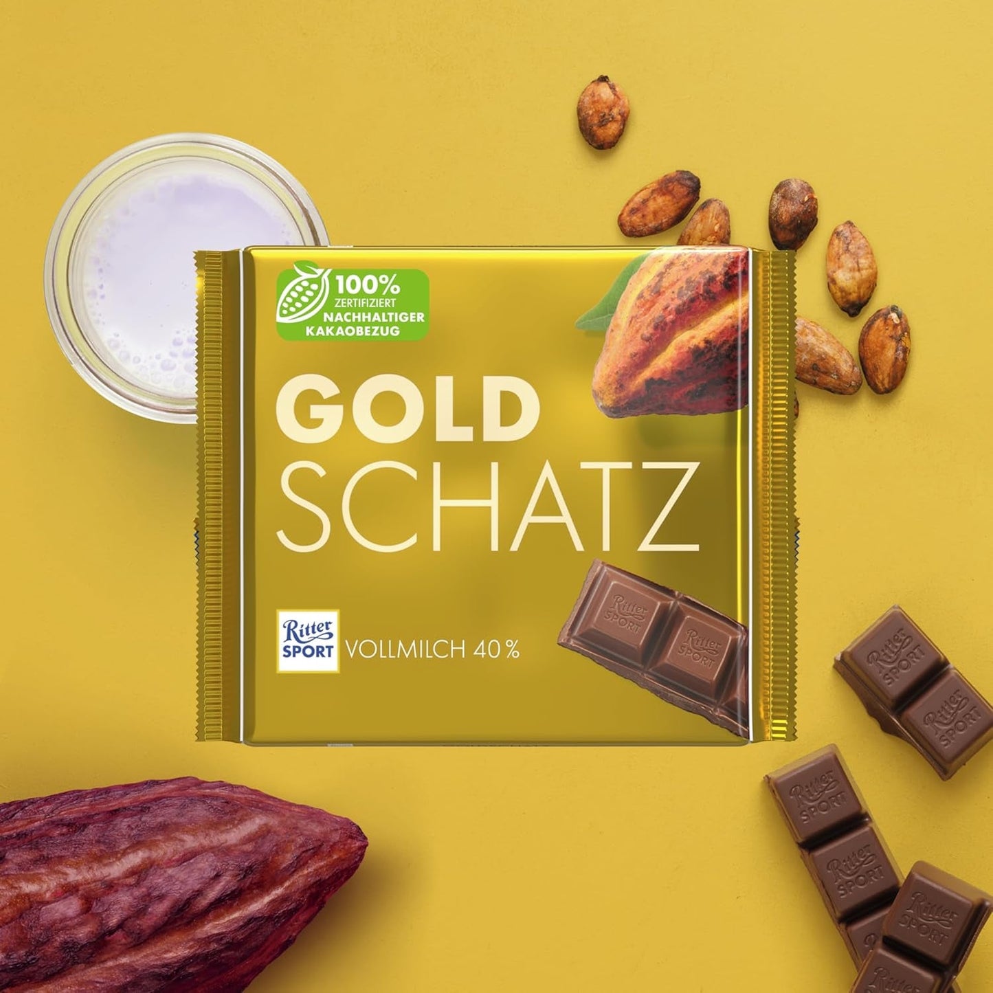 Ritter Sport - Gold Treasure - 11 x 250g, Delikatna mleczna czekolada z kawałkami karmelu, Klasyczna czekolada do dzielenia się z przyjaciółmi, 11 batoników x 250g