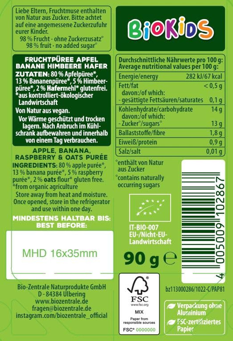 biocentral BioKids Przecier owocowy Jabłko Banan Malina Owies | 12x90g | Owocowa przekąska bez dodatku cukru | Wegańskie (opakowanie 2 szt.)
