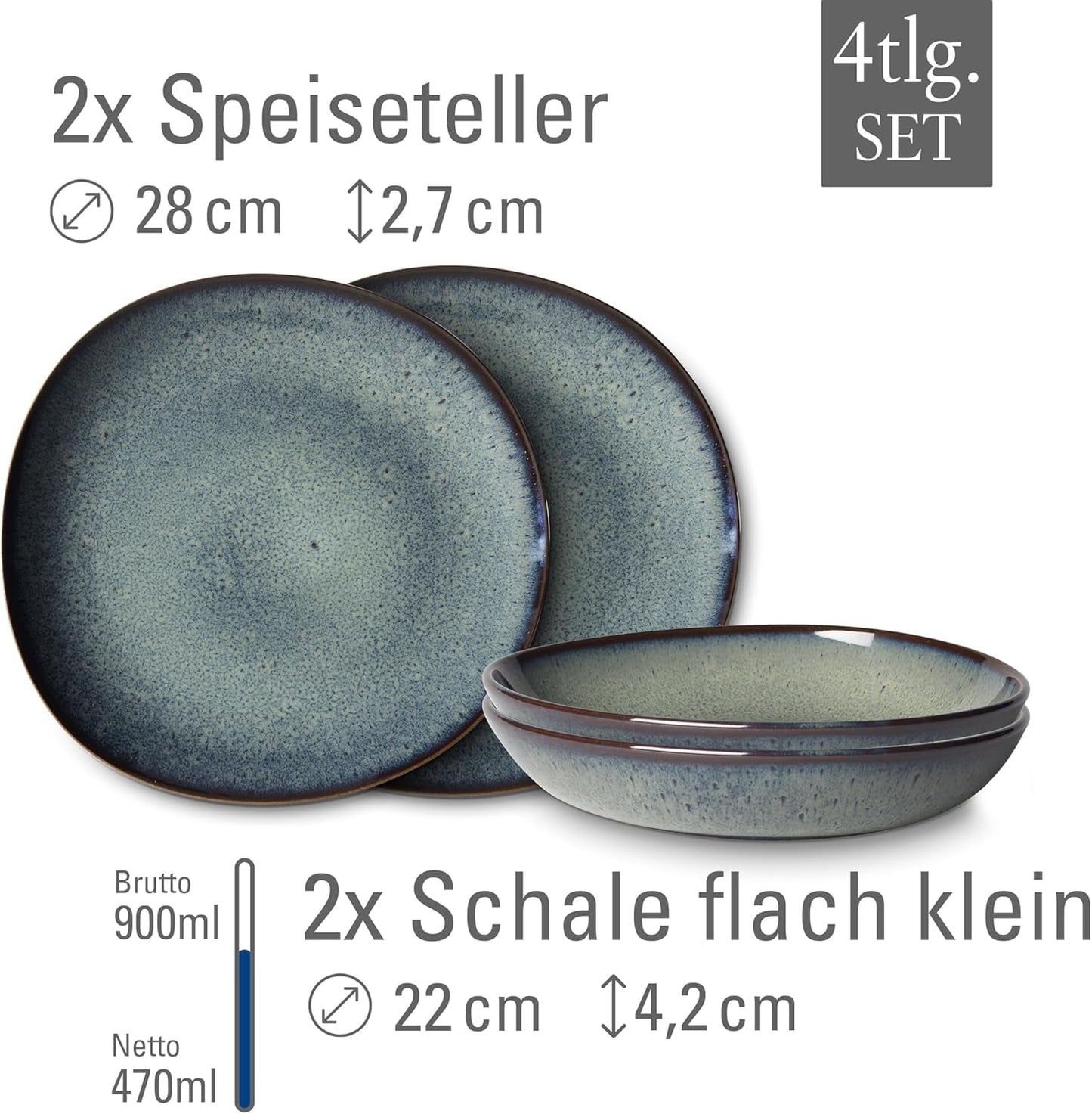 tak jak. de Villeroy & Boch - Zestaw naczyń obiadowych z kamionki Lave Gris, 4 sztuki, wygląd ceramiczny, zastawa stołowa dla 2 osób, szary