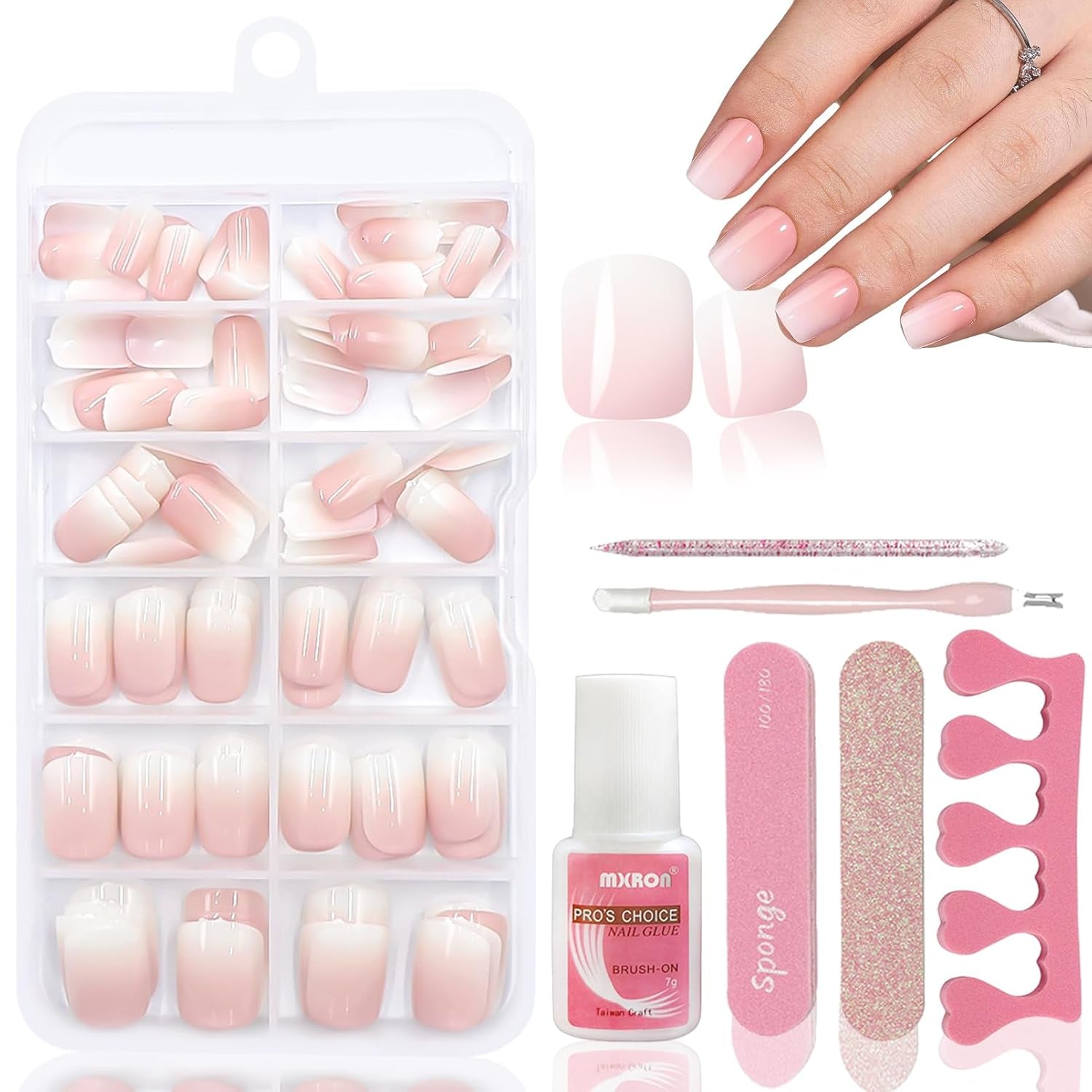 120 szt. Nude Pink Sztuczne paznokcie z klejem do paznokci - 12 rozmiarów Krótkie owalne kwadratowe naciśnięcie na paznokcie - Piękne paznokcie, Klej na sztucznych paznokciach - Odpowiednie dla kobiet DIY Nail Design (Squaval Pink Gradient)