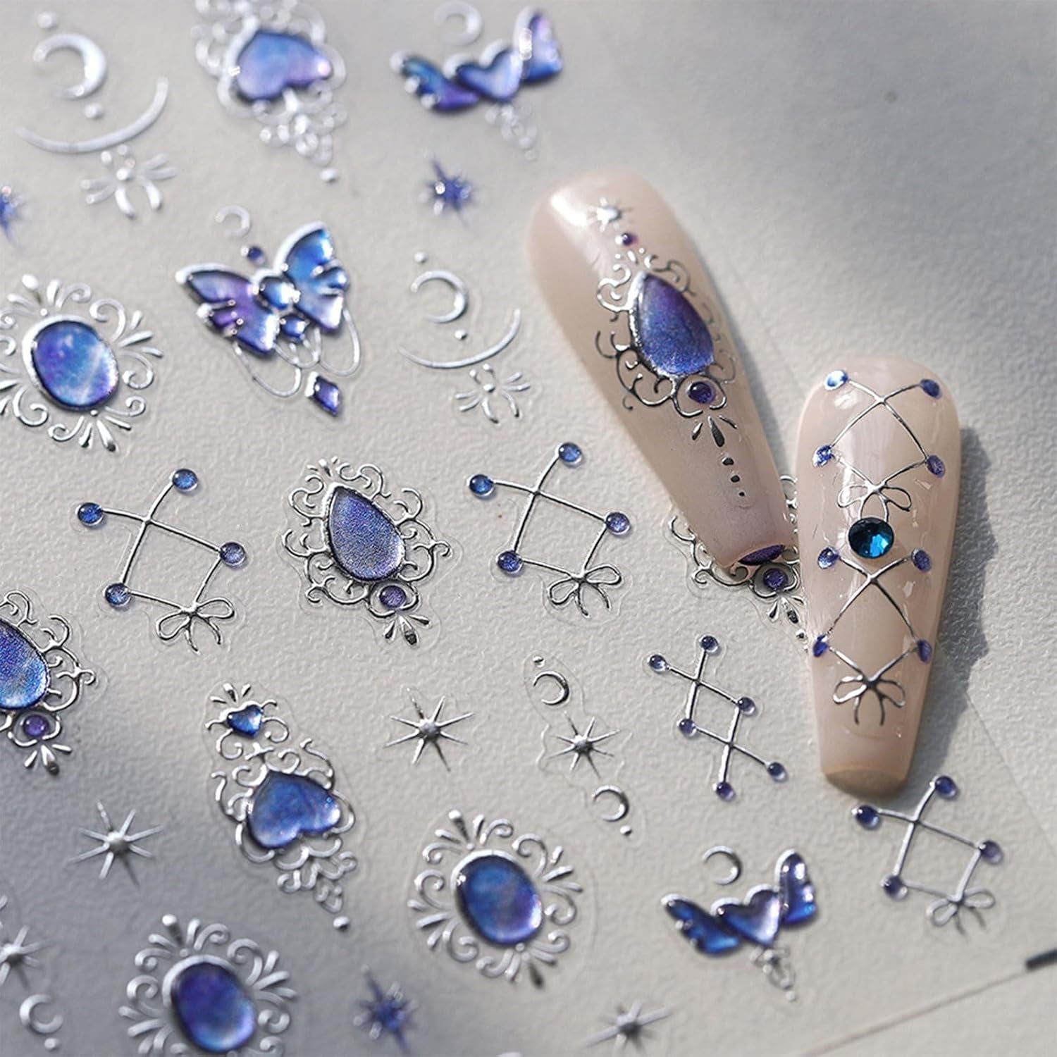 JMEOWIO 3D Nagelsticker Blauer Nail Art Naklejka Selbstklebend Nagelaufkleber 5D Stereoskopisch Mondstern Dekoration Nageldesign Zubehör 1 Blatt