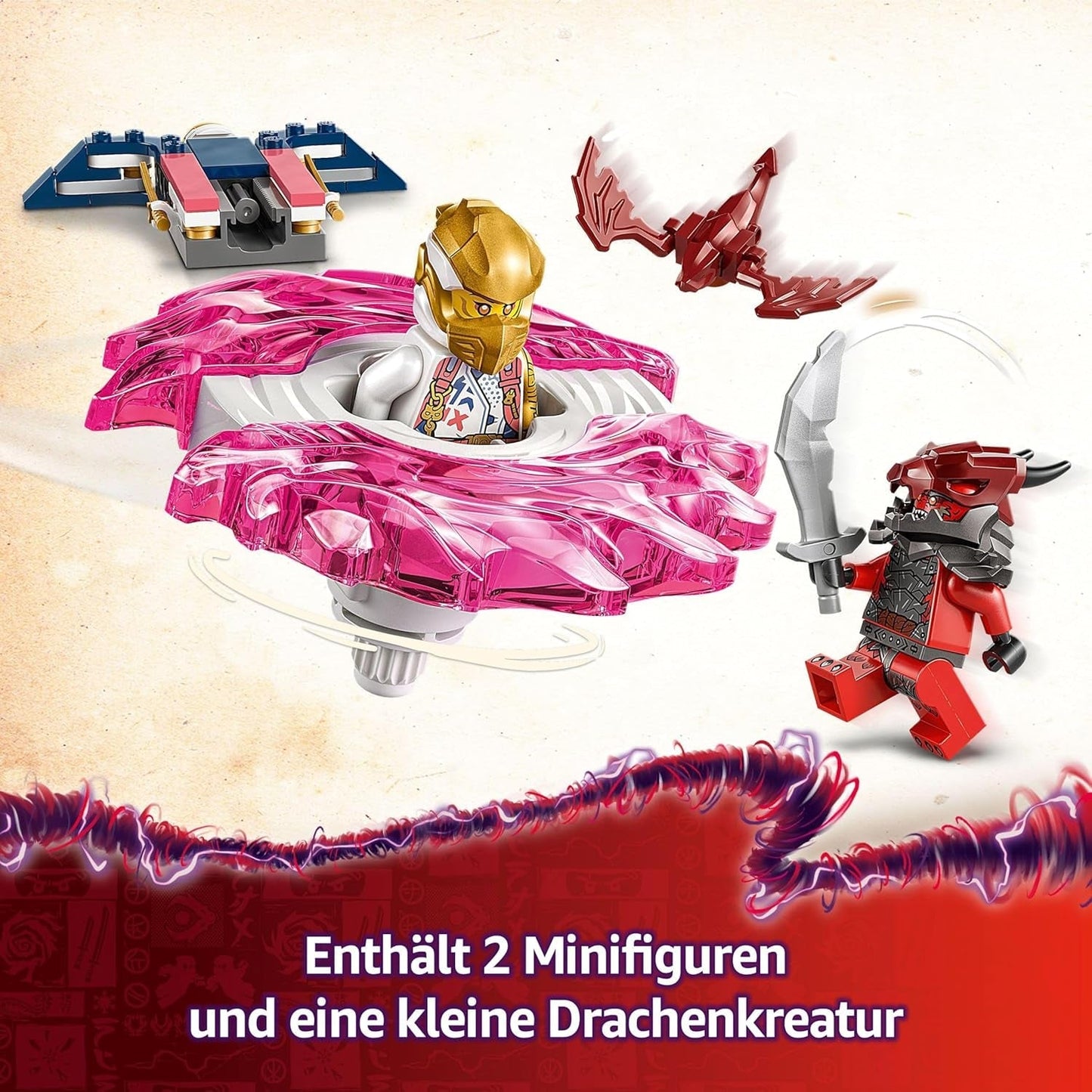 LEGO NINJAGO Smok Sory Spinjitzu Spinner — zabawka Ninja z 2 minifigurkami — mały zestaw do zabawy dla dzieci — pomysł na prezent dla chłopców i dziewcząt w wieku 6 lat 71824 Zestawy do budowania Besuche den LEGO-Store