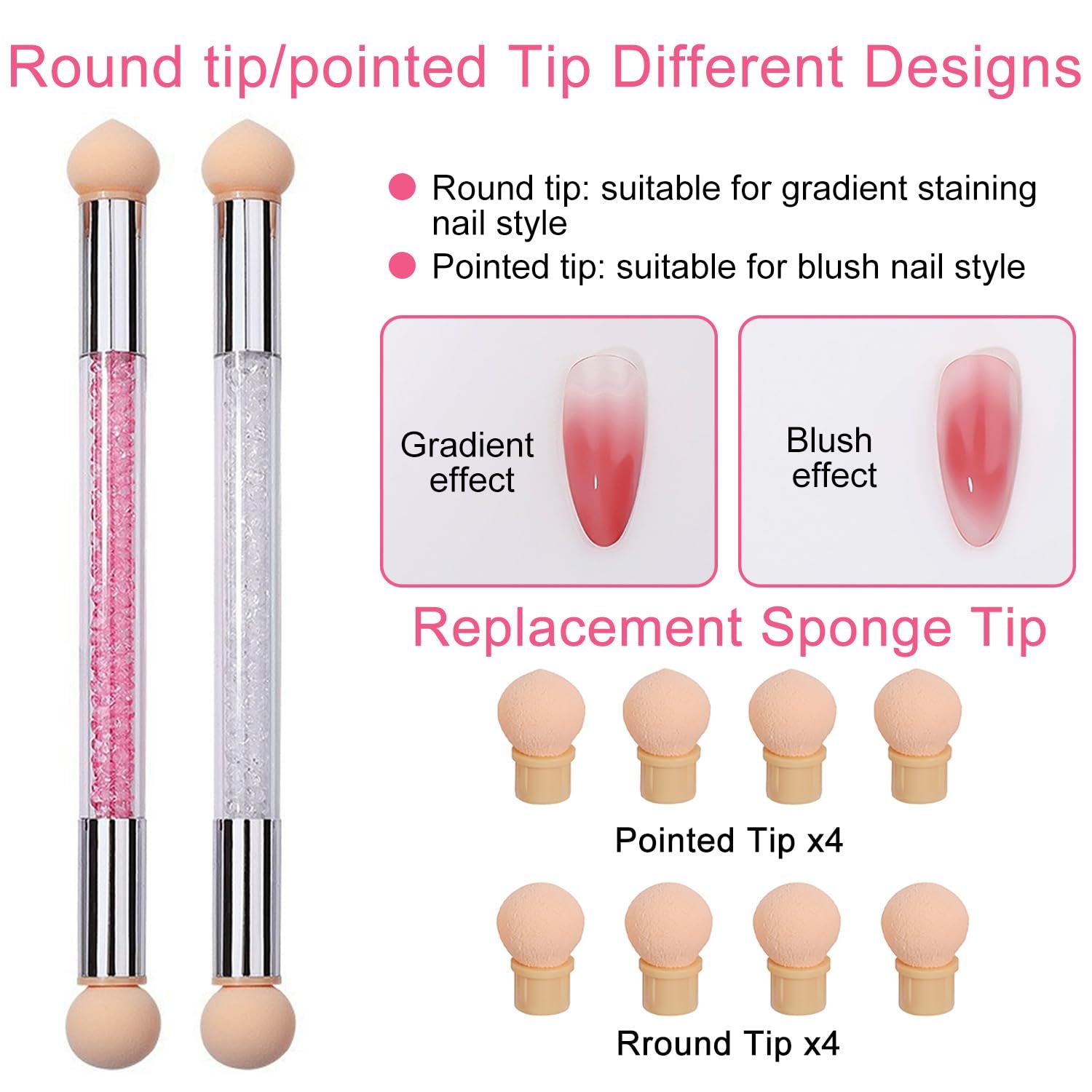 2 Stück Nail Art Rendering-Werkzeuge Doppelter Kopf, Gąbkowy aplikator z pędzelkiem Inkl 8 Ersatzköpfe, Nail Art Schwamm Und Tupfpinsel(Weiß, Rosa)