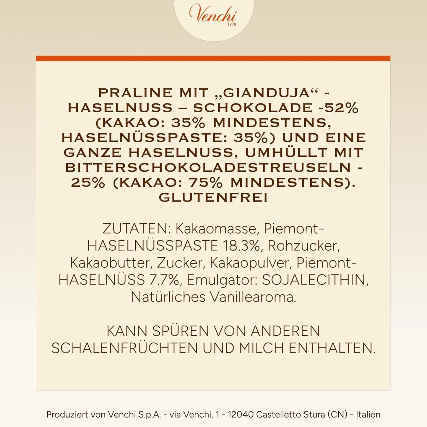 Venchi – Chocoviar Gianduia, praliny w torebce 1 kg, czekolada Gianduia produkowana wyłącznie z „orzechów laskowych Piemontu leśnych”, bezglutenowa, bez sztucznych barwników i bez konserwantów