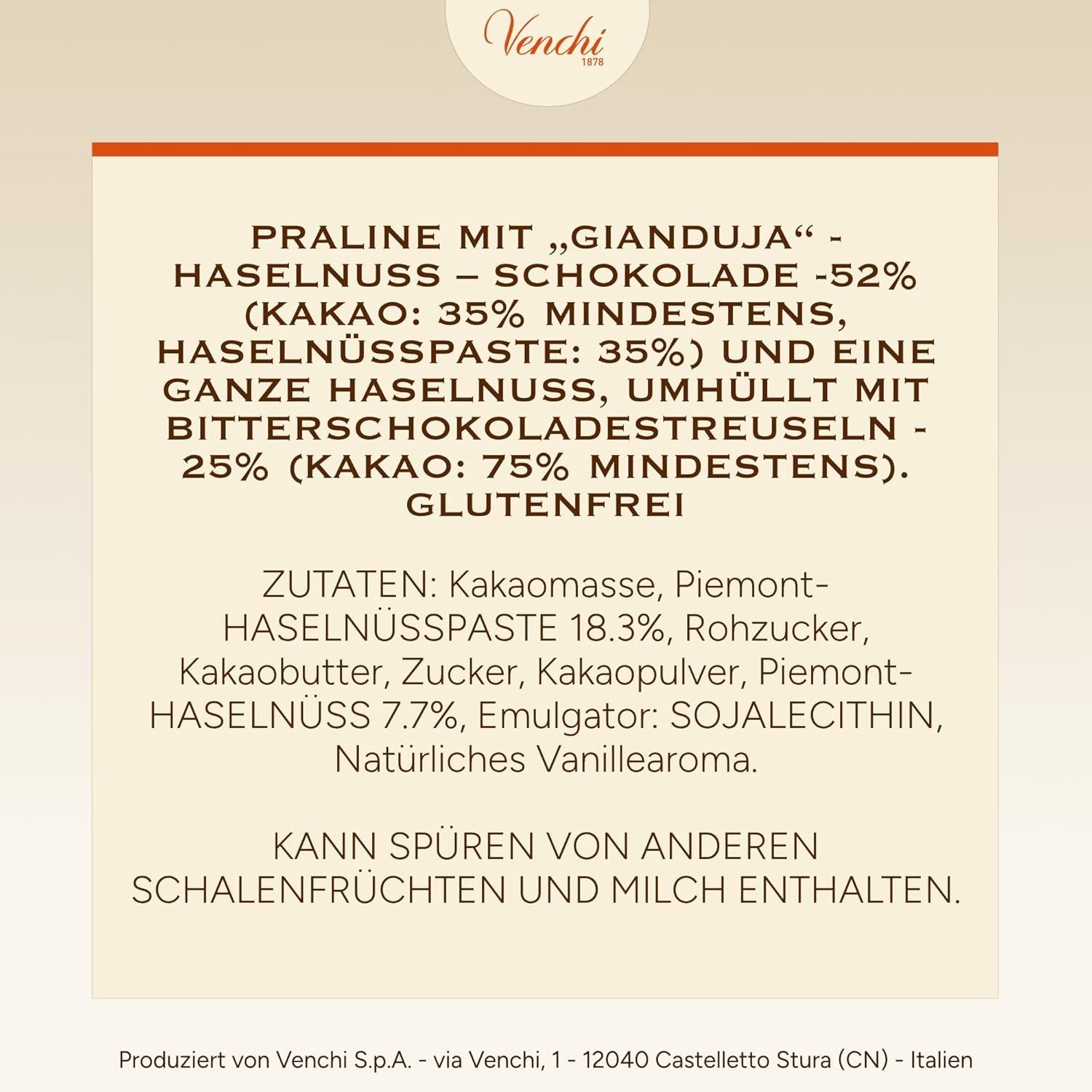 Venchi – Chocoviar Gianduia, praliny w torebce 1 kg, czekolada Gianduia produkowana wyłącznie z „orzechów laskowych Piemontu leśnych”, bezglutenowa, bez sztucznych barwników i bez konserwantów