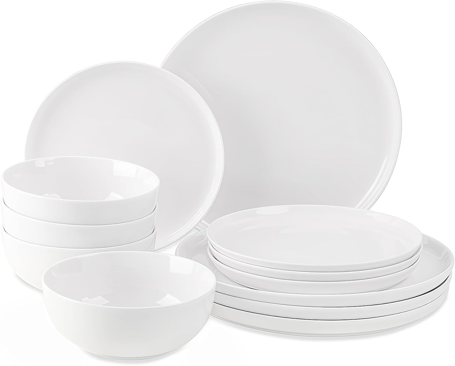 12-częściowy zestaw obiadowy, porcelanowy zestaw obiadowy dla 4 osób, biały zestaw obiadowy z talerzami, talerzami deserowymi i miseczkami na płatki zbożowe