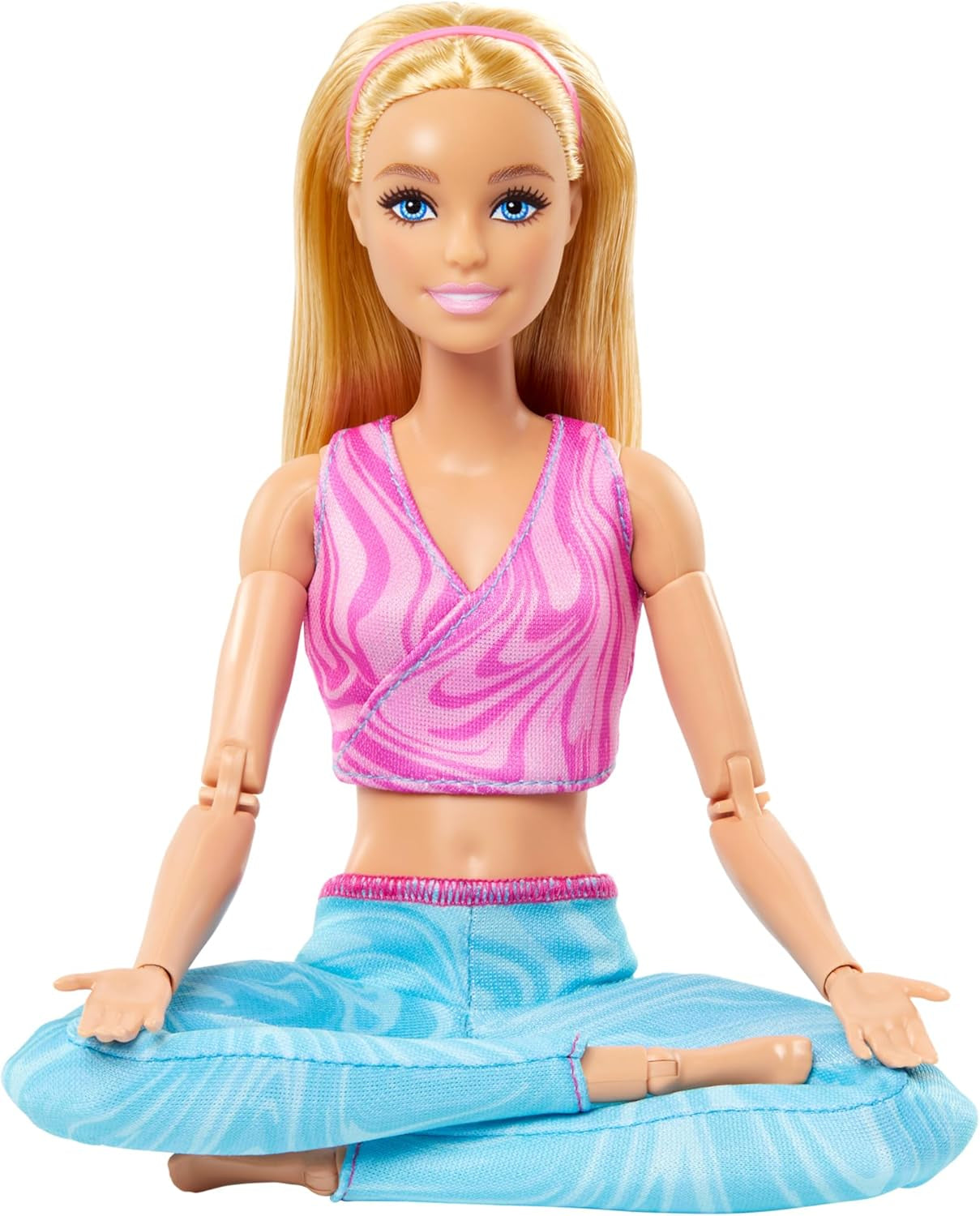 Lalka Barbie Made-to-Move z blond włosami, odpinaną różową sportową bluzką i niebieskimi spodniami do jogi, 22 stawy, HRH27, [wielokolorowe]