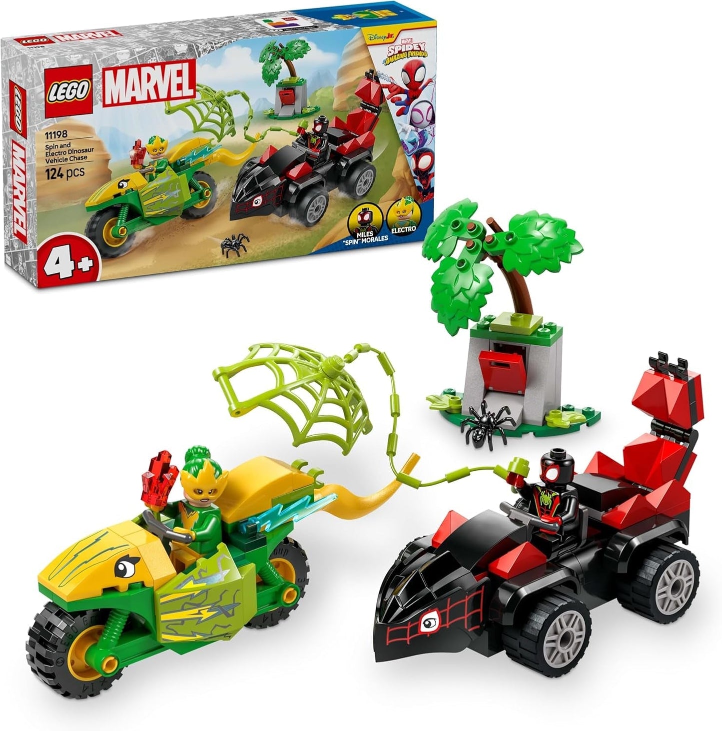 LEGO Marvel Akcja Zabawa ze spinem i prądem w ich dinozaurach Speedsterach, Samochód superbohatera do zbudowania dla chłopców i dziewcząt od 4 lat, Zestaw bohaterów z zabawkowym samochodem, Spiderman i jego super przyjaciele 11198 Zestawy konstrukcyjne Beuche den LEGO-Store Domyślny tytuł