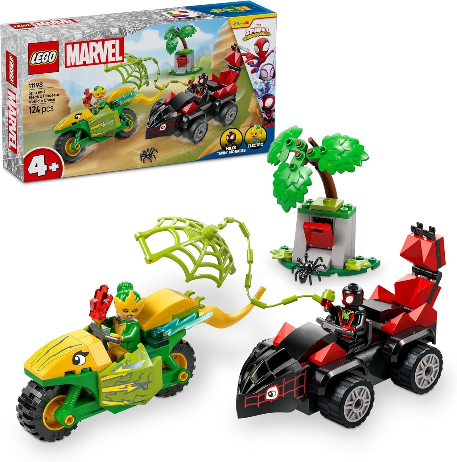 LEGO Marvel Akcja Zabawa ze spinem i prądem w ich dinozaurach Speedsterach, Samochód superbohatera do zbudowania dla chłopców i dziewcząt od 4 lat, Zestaw bohaterów z zabawkowym samochodem, Spiderman i jego super przyjaciele 11198 Zestawy konstrukcyjne Beuche den LEGO-Store Domyślny tytuł