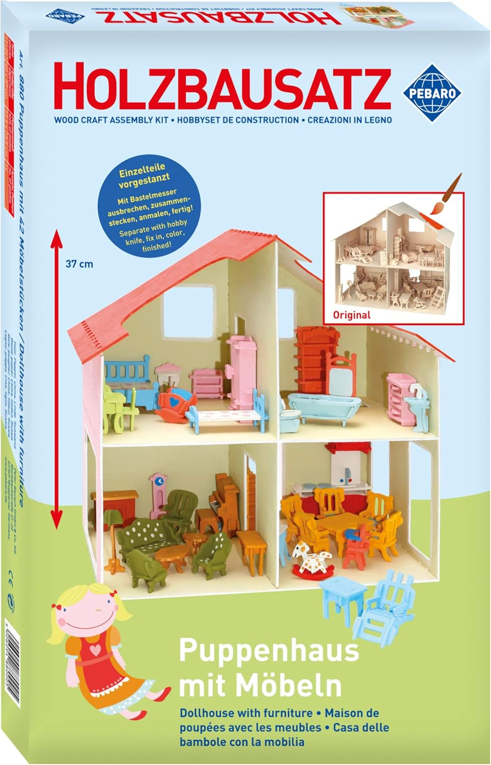 Pebaro Donau Elektronik _M880 Puzzle 3D Domek dla lalek z meblami, 30 x 30 x 30 cm, naturalny