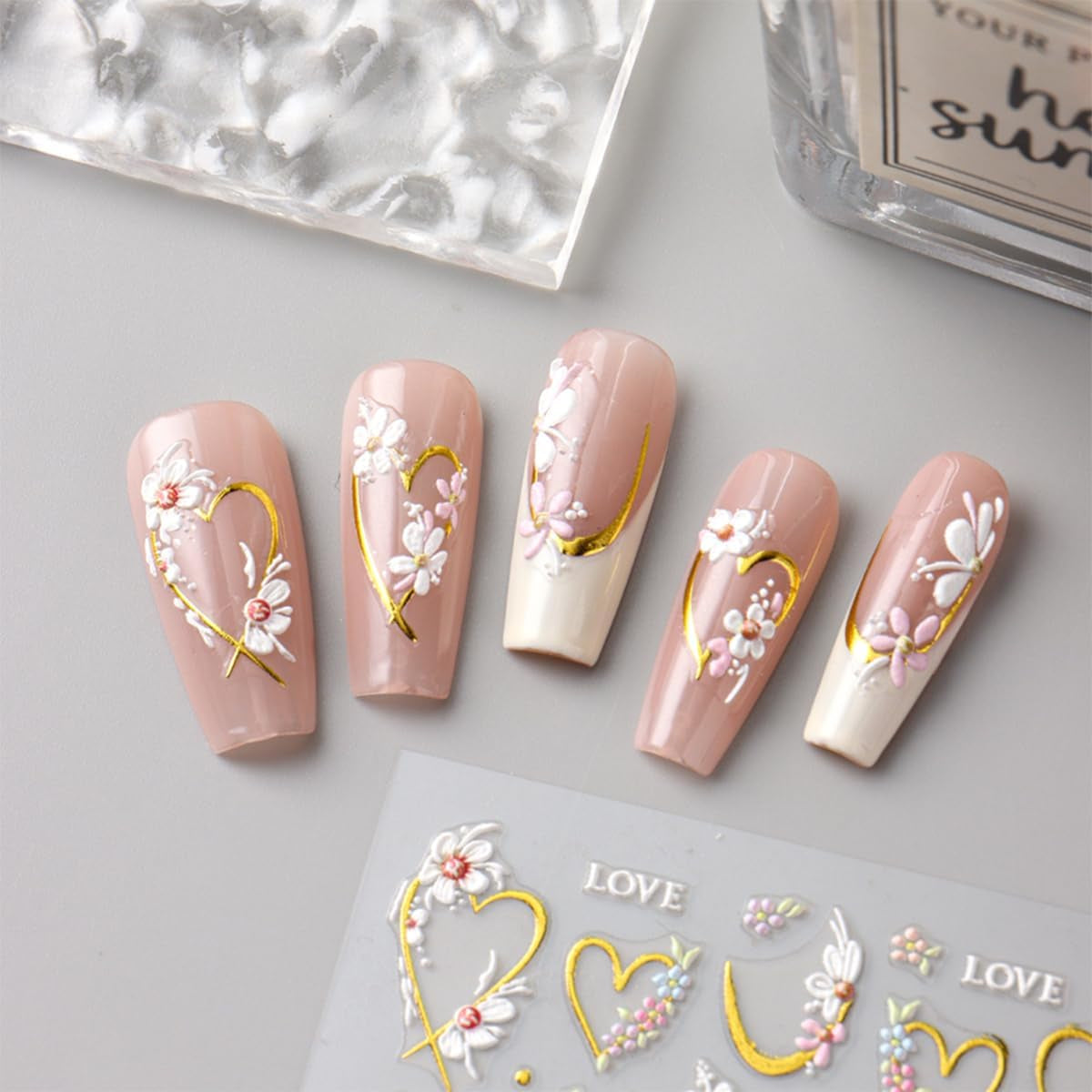 JMEOWIO 3D Nagelsticker Blume Nail Art Naklejka Selbstklebend Nagelaufkleber 5D Stereoskopisch Frühling Letnia dekoracja kwiatowa Nageldesign Zubehör 4 Blatt
