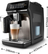 Automatyczny ekspres do kawy PHILIPS seria 3300 - 6 napojów, nowoczesny kolorowy ekran dotykowy, system przygotowania mleka LatteGo, SilentBrew, młynek 100% ceramiczny, filtr AquaClean. Czarny chrom (EP3347/90)