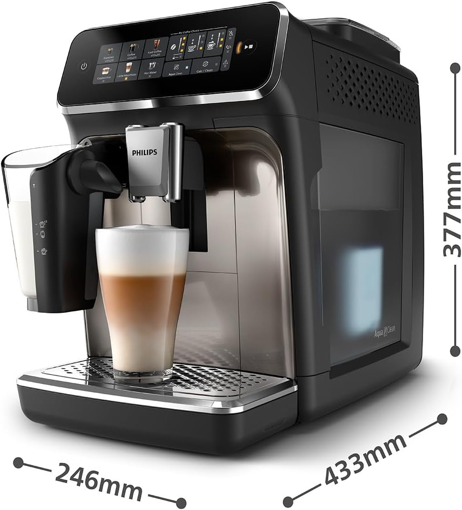 Automatyczny ekspres do kawy PHILIPS seria 3300 - 6 napojów, nowoczesny kolorowy ekran dotykowy, system przygotowania mleka LatteGo, SilentBrew, młynek 100% ceramiczny, filtr AquaClean. Czarny chrom (EP3347/90)