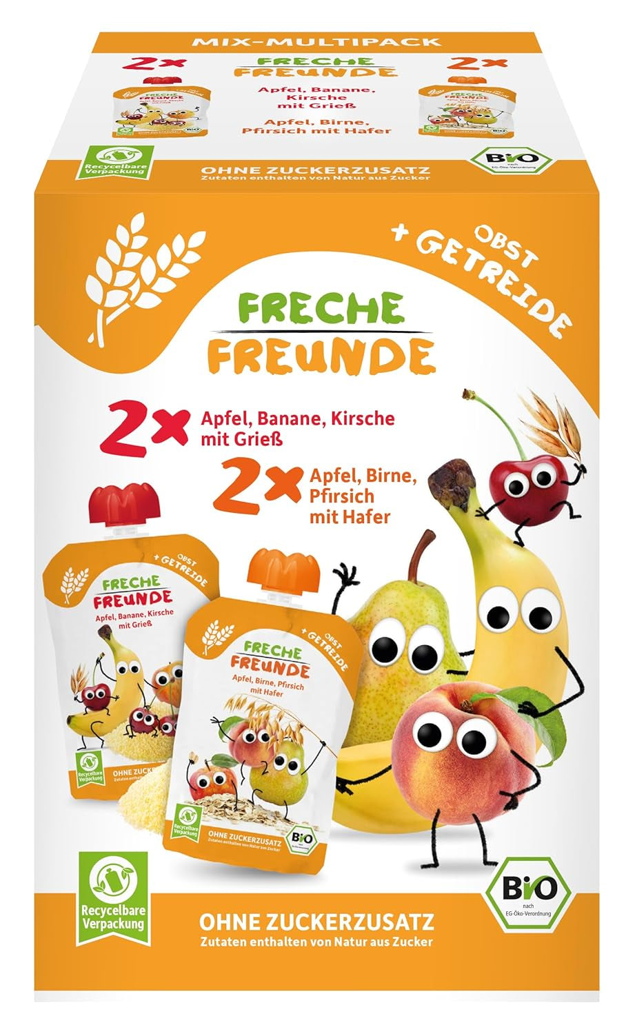 FRECHE FREUNDE Organic Mix w opakowaniu zbiorczym do wyciskania - Owoce + Płatki, Przecier owocowy ze zbożami w wyciskanej torbie dla dzieci od 6 miesiąca, wegańskie, opakowanie 3 szt., 3 x (4 x 100g)