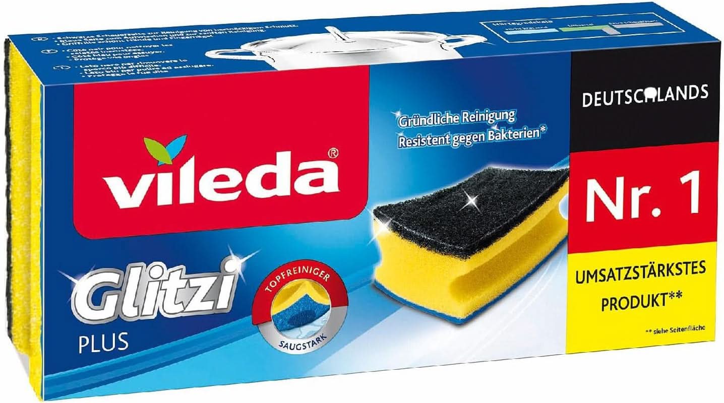 Vileda Glitzi, gąbka do mycia naczyń w kuchni, o działaniu antybakteryjnym, bardzo chłonna, opakowanie 18 szt. Naty Shop Kitchen Detergents