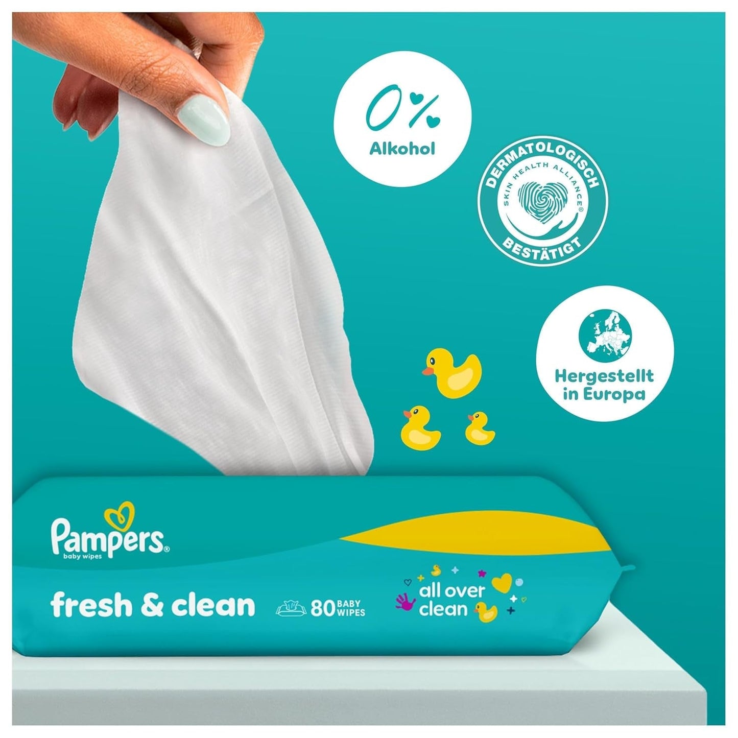 Chusteczki nawilżane Pampers Fresh Clean, 15 opakowań po 80 chusteczek, łącznie 1200 chusteczek, lekki zapach, odpowiednie również do rąk i twarzy