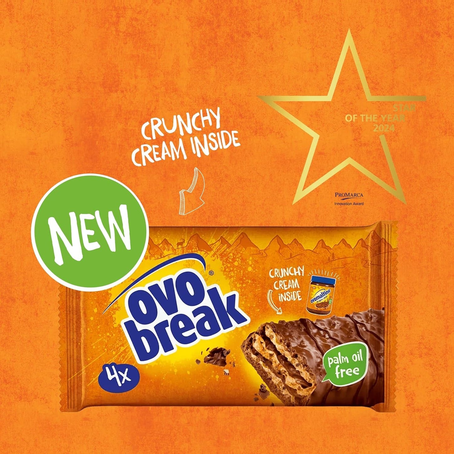 Ovomaltine OVO break Wafer and Chocolate Bar - chrupiąca przekąska o niepowtarzalnym smaku naszego popularnego Creme Crocante, naturalnie bez oleju palmowego (4 x 39g)