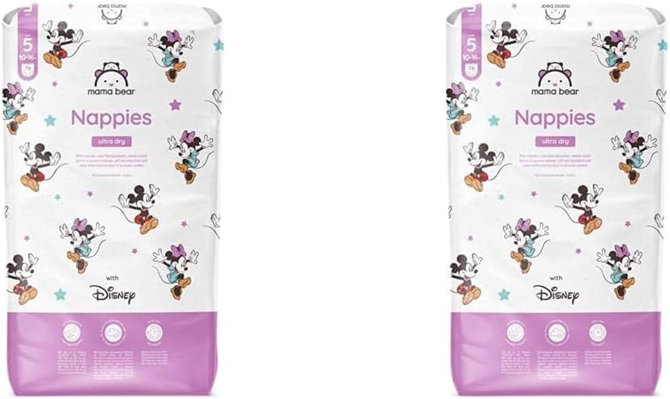 Pieluszki Mama Bear Disney Ultra Dry Rozmiar 4 (8-14 kg), Białe, 84 sztuki (1 opakowanie) Naty Shop Rozmiar 5 (10-16 kg) (2 sztuki) Opakowanie indywidualne