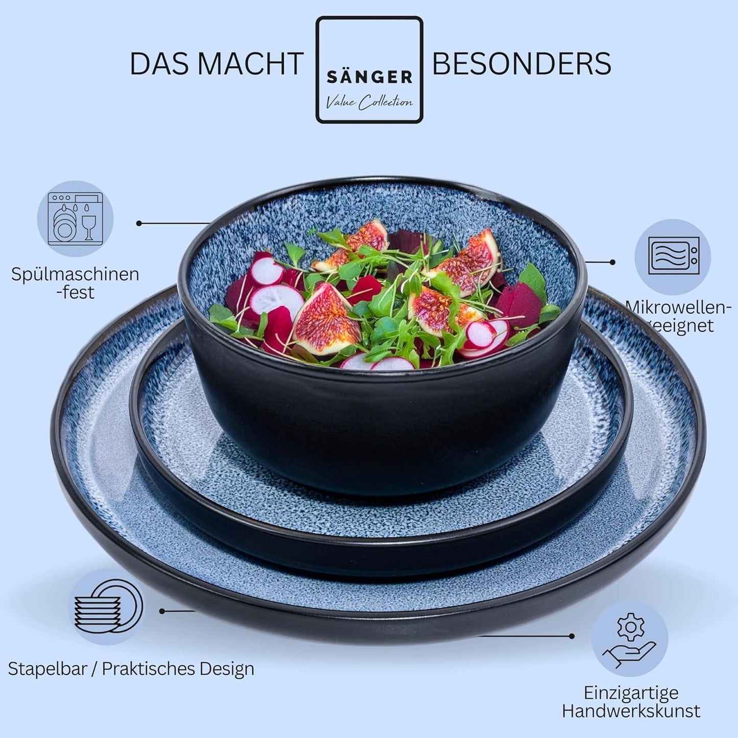 SĘNGER Aruba | Zestaw naczyń obiadowych kamionkowych na 6, 6 talerzy obiadowych, 6 talerzy śniadaniowych, 6 talerzy obiadowych, 6 misek na makaron, niebieski z czarnym brzegiem | KOLEKCJA WARTOŚCIOWA