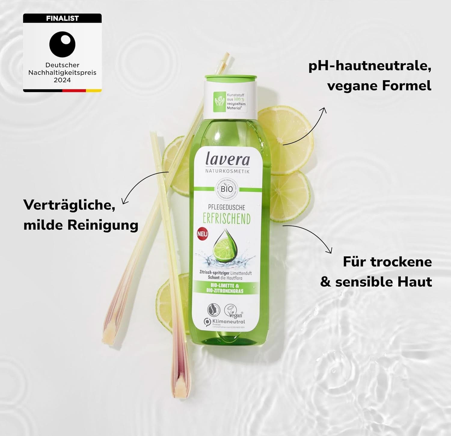 Lavera, Odświeżający żel pod prysznic z organiczną limonką, 250 ml Prysznic i kąpiel Naty Shop