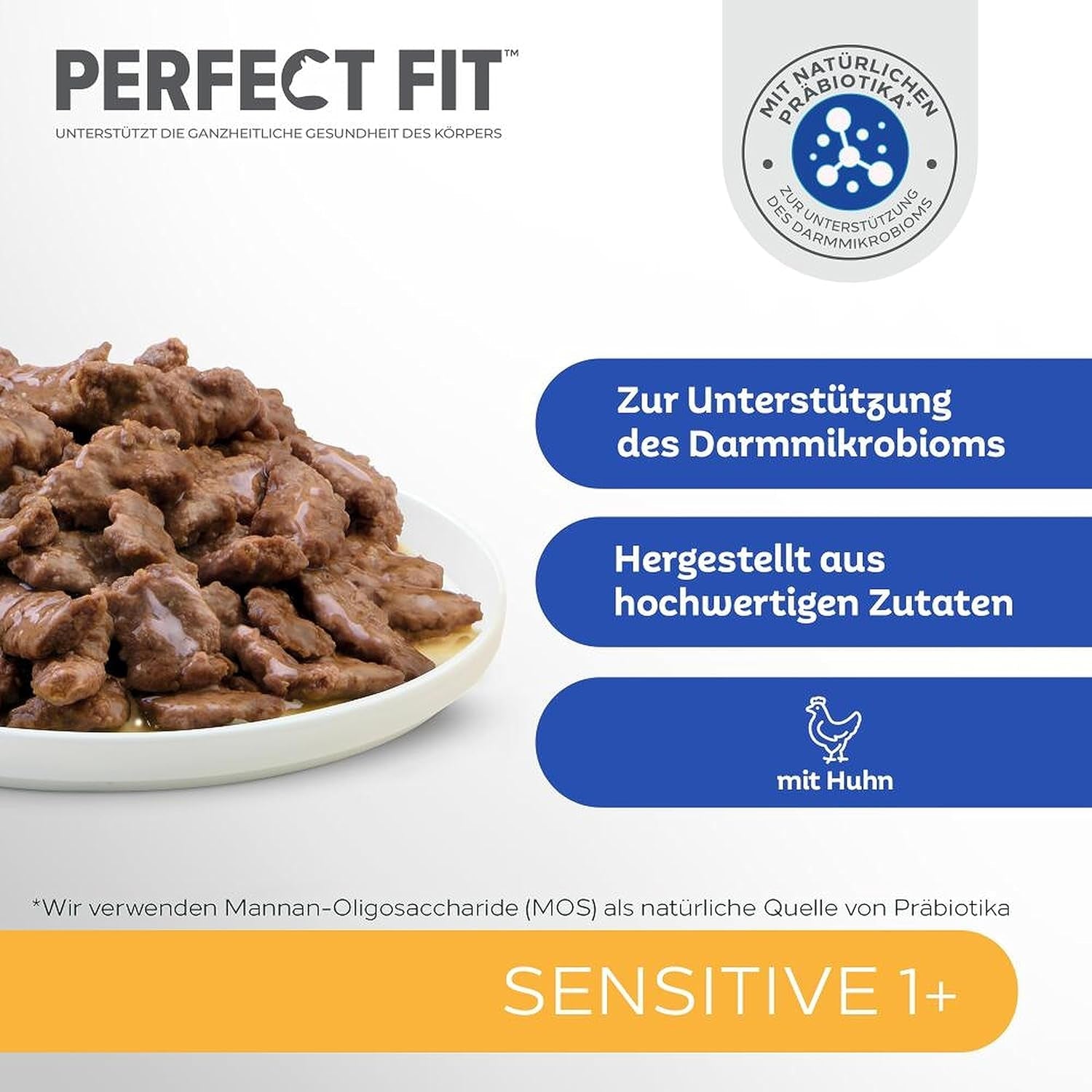 Mokra karma dla kotów Perfect Fit Sensitive 1+ z kurczakiem w sosie, 12 saszetek, 12 x 85 g - Mokra karma premium dla wrażliwych kotów od 1 roku, bez pszenicy i soi, wspomagająca trawienie